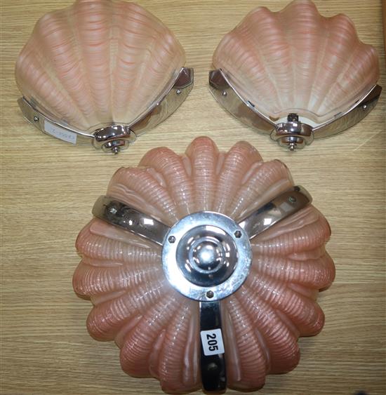 Art Deco Shell light fittings, one hanging, two wall